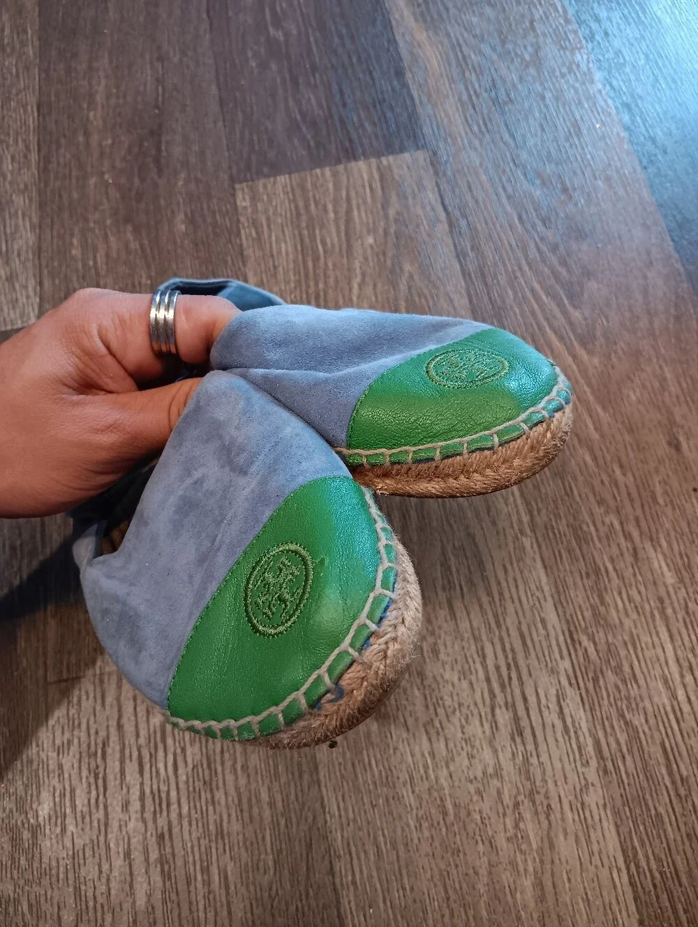 Tory Burch Light Blue Suede Espadrille with Green Leather Insole Patch